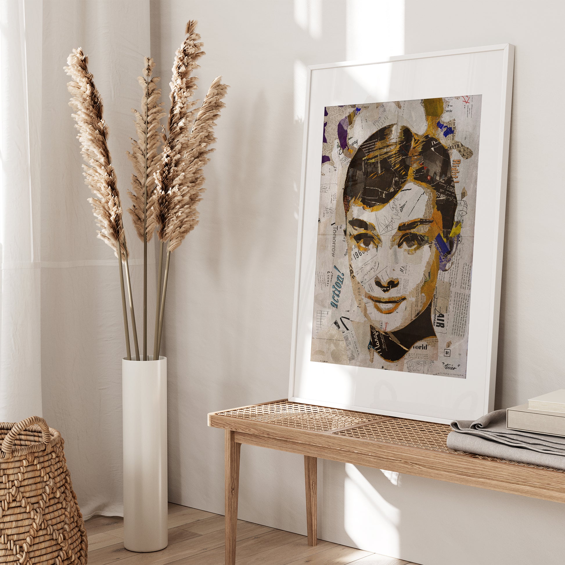 Be inspired by our iconic collage portrait art print of Audrey Hepburn. This artwork was printed using the giclée process on archival acid-free paper and is presented in a white frame with passe-partout, capturing its timeless beauty in every detail.