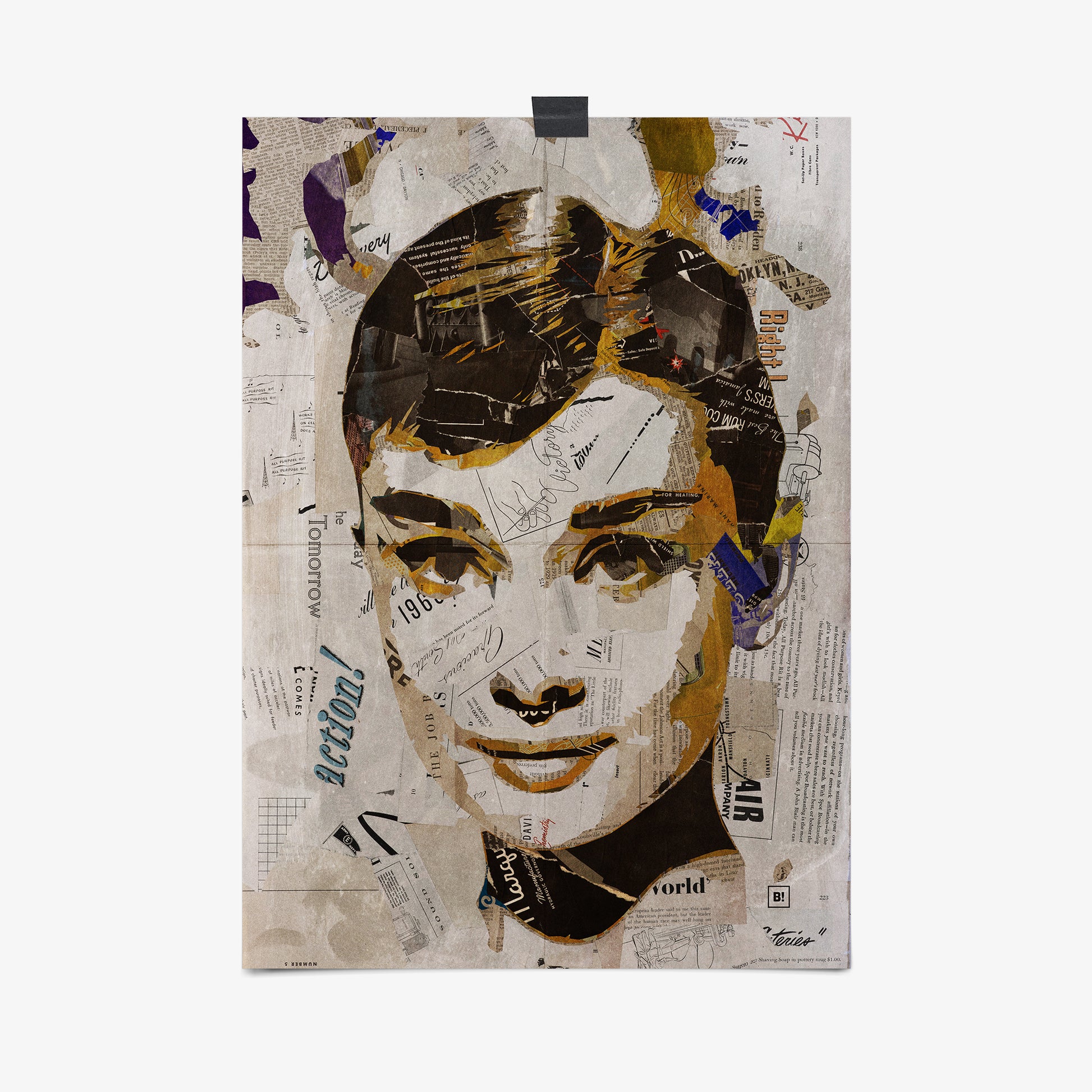 Be inspired by our iconic collage portrait art print of Audrey Hepburn. This artwork was printed using the giclée process on archival acid-free paper, capturing its timeless beauty in every detail.