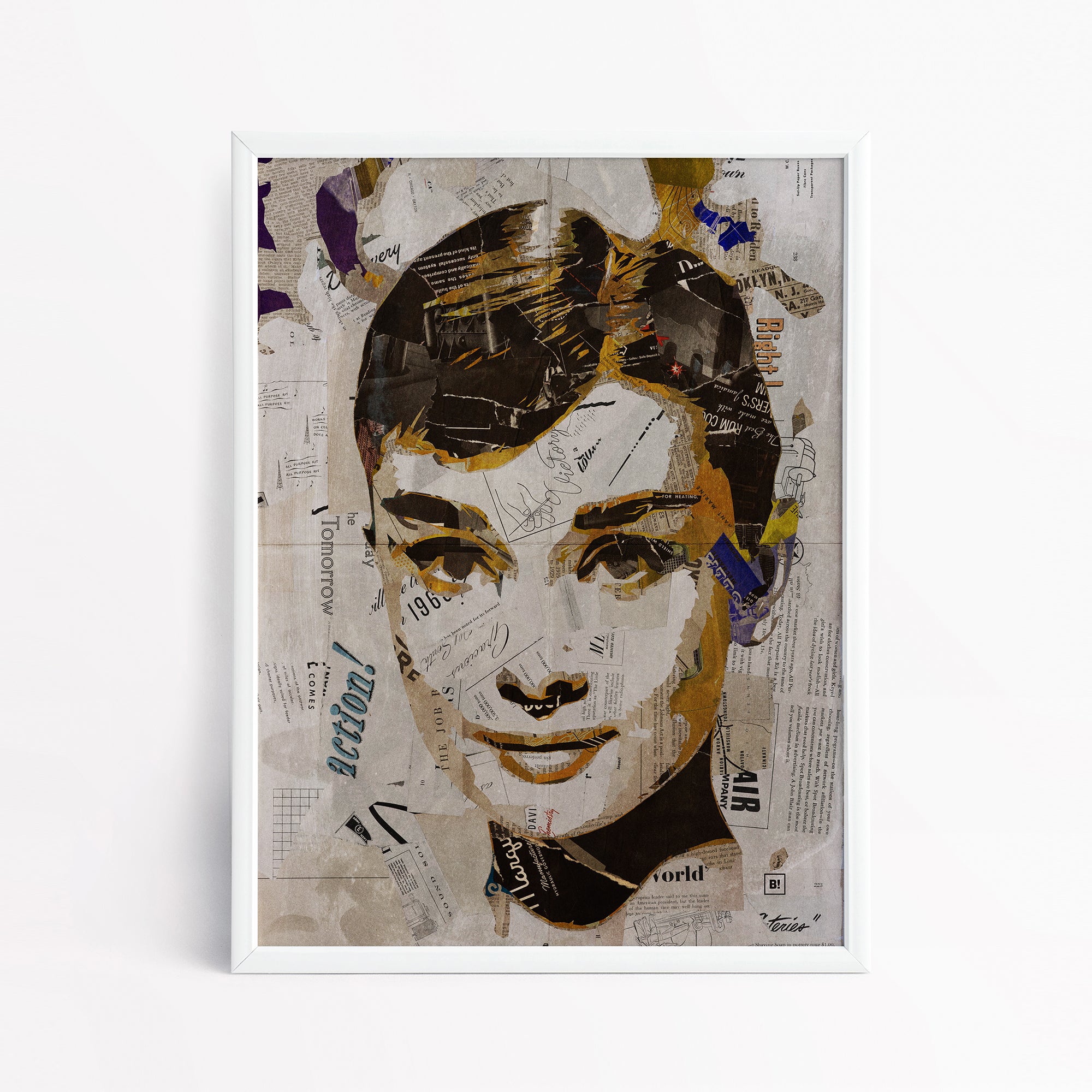 Be inspired by our iconic collage portrait art print of Audrey Hepburn. This artwork has been printed using the giclée process on archival acid-free paper and is presented in a sleek white frame, showcasing its timeless beauty in every detail.