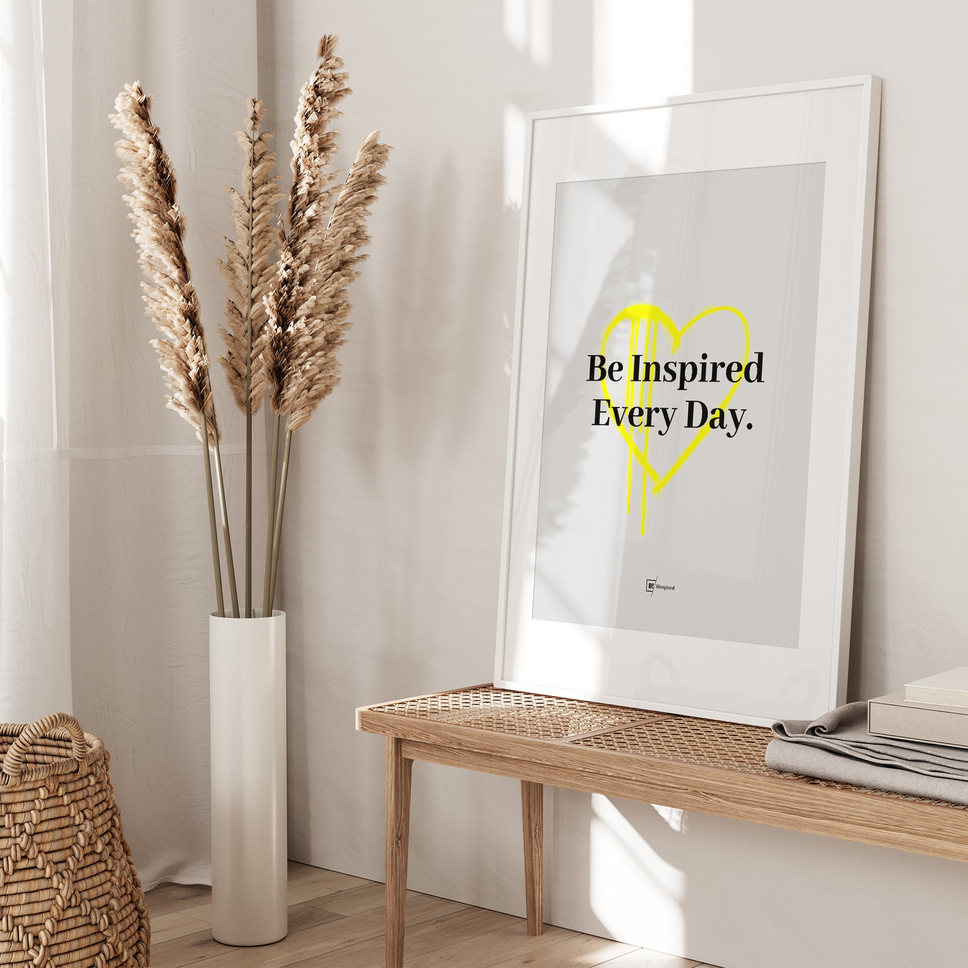 Be inspired by our "Be Inspired Every Day" quote art print! This artwork was printed using the giclée process on archival acid-free paper and is presented in a white frame with passe-partout that captures its timeless beauty in every detail.