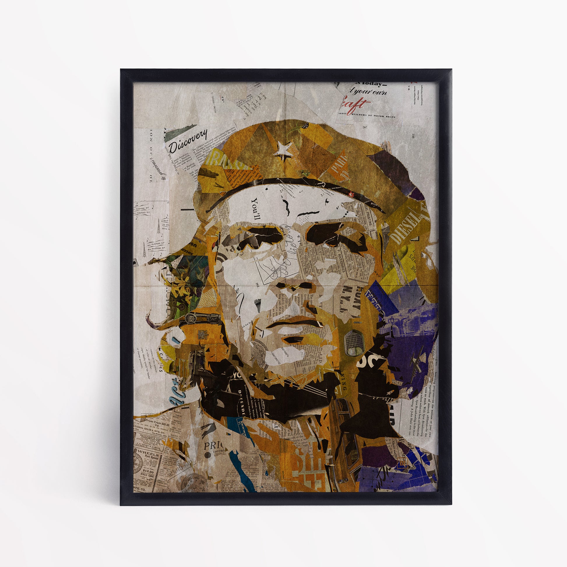Be inspired by our iconic collage portrait art print of Che Guevara. This artwork has been printed using the giclée process on archival acid-free paper and is presented in a sleek black frame, showcasing its timeless beauty in every detail.