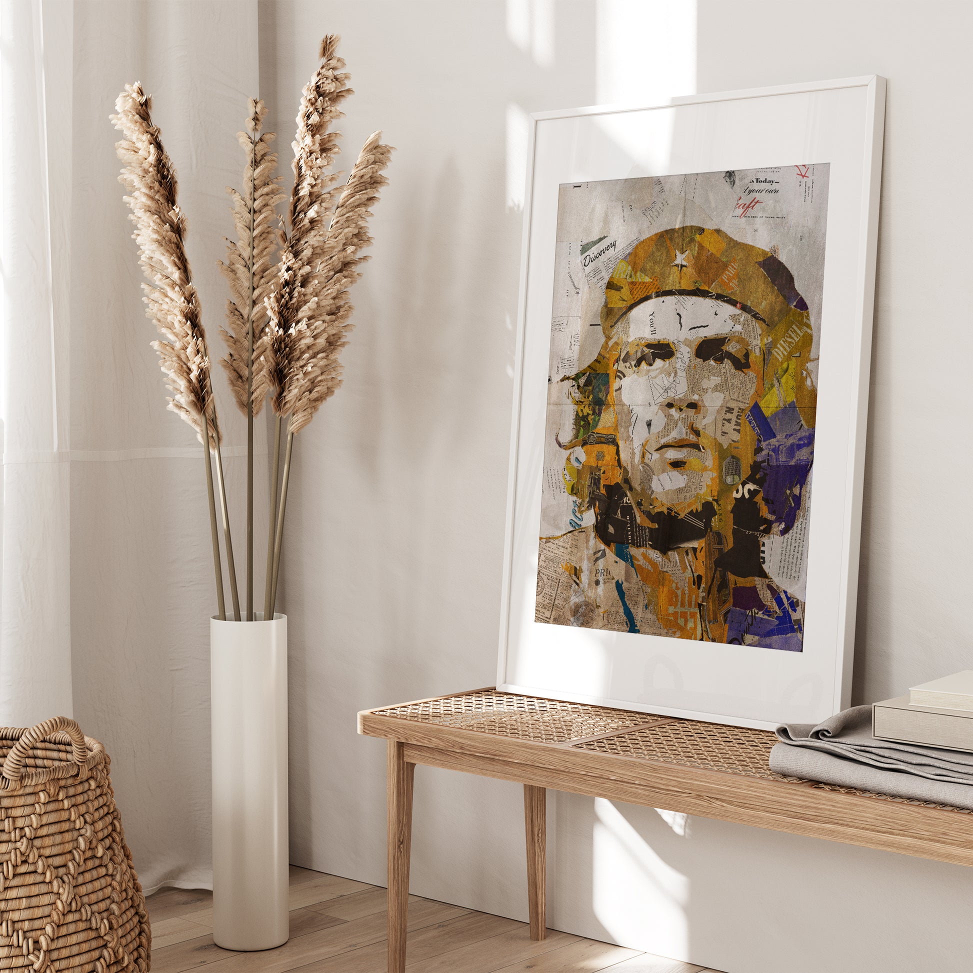 Be inspired by our iconic collage portrait art print of Che Guevara. This artwork was printed using the giclée process on archival acid-free paper and is presented in a white frame with passe-partout, capturing its timeless beauty in every detail.