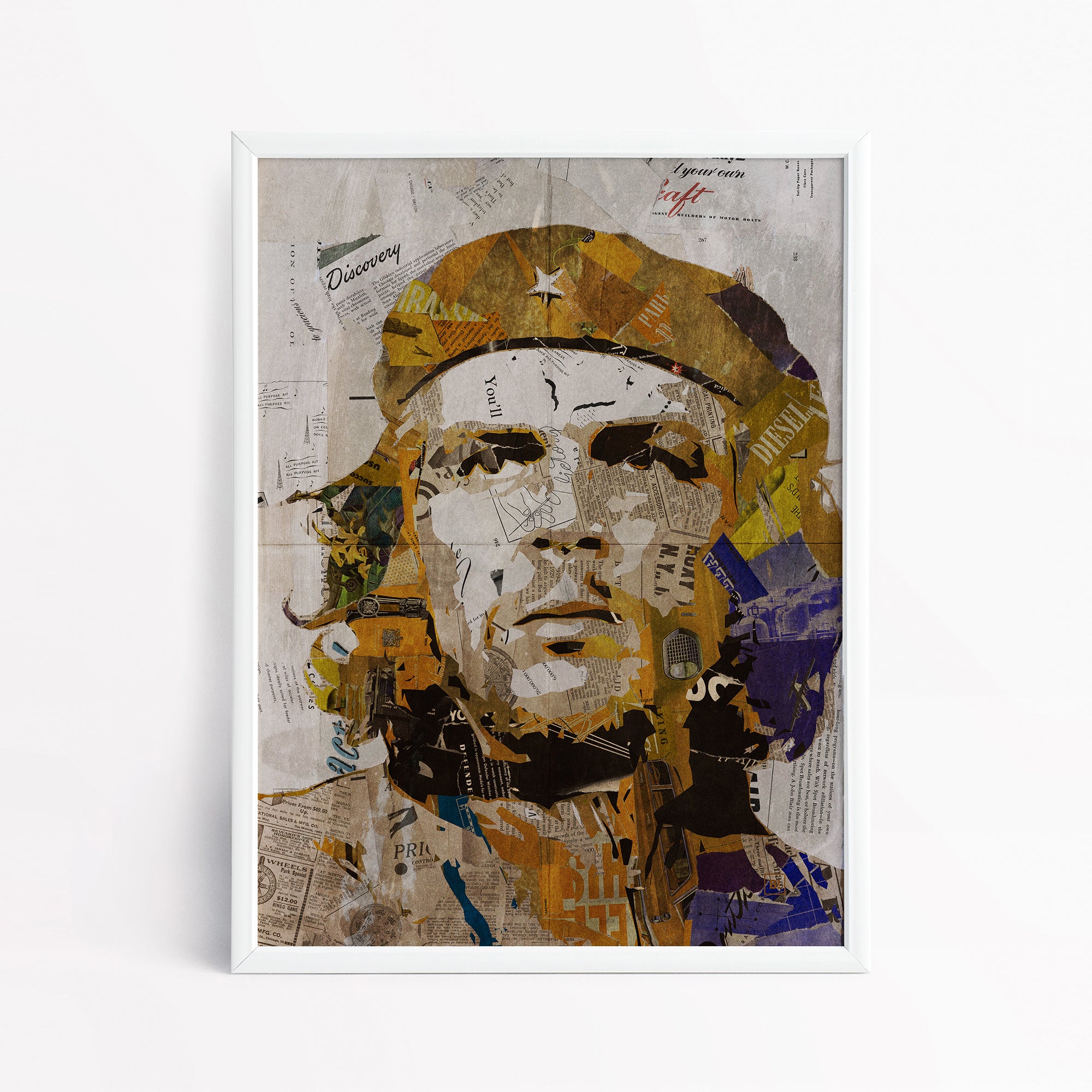 Be inspired by our iconic collage portrait art print of Che Guevara. This artwork has been printed using the giclée process on archival acid-free paper and is presented in a sleek white frame, showcasing its timeless beauty in every detail.