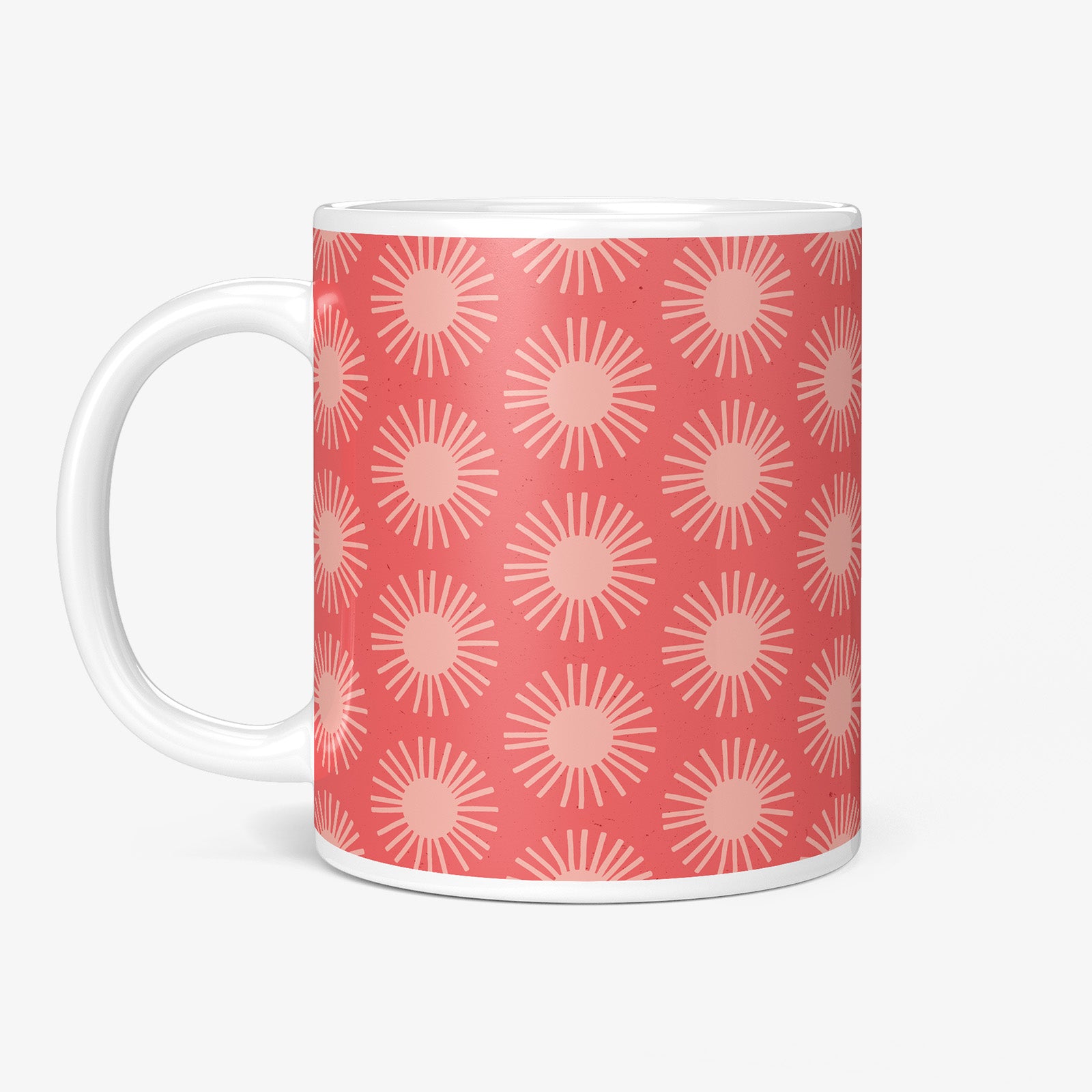 Be inspired by our delightful raspberry "Happy Sunrays" Coffee Mug. Featuring a 11oz size with the handle on the left.