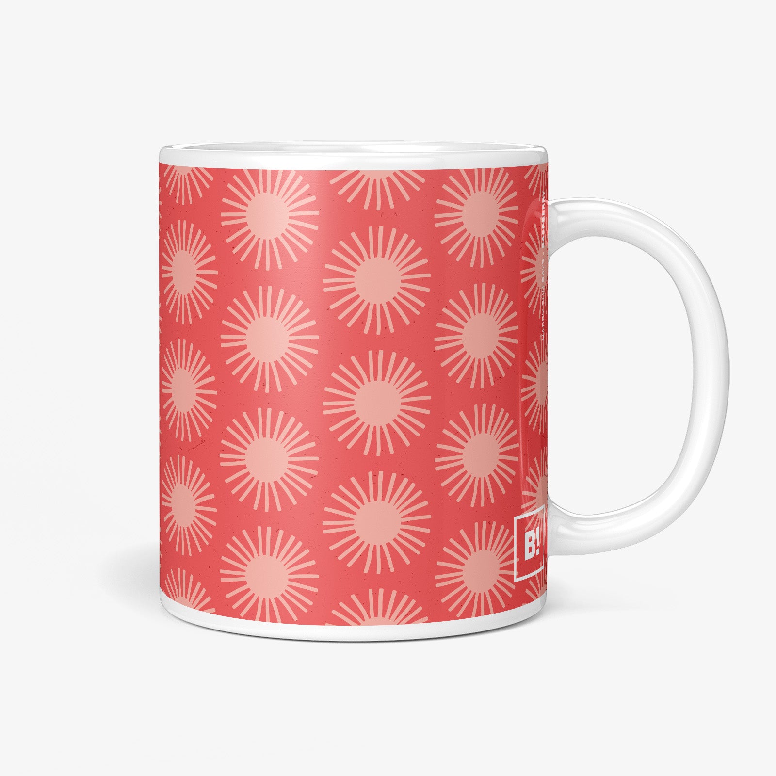 Be inspired by our delightful raspberry "Happy Sunrays" Coffee Mug. Featuring a 11oz size with the handle on the right.
