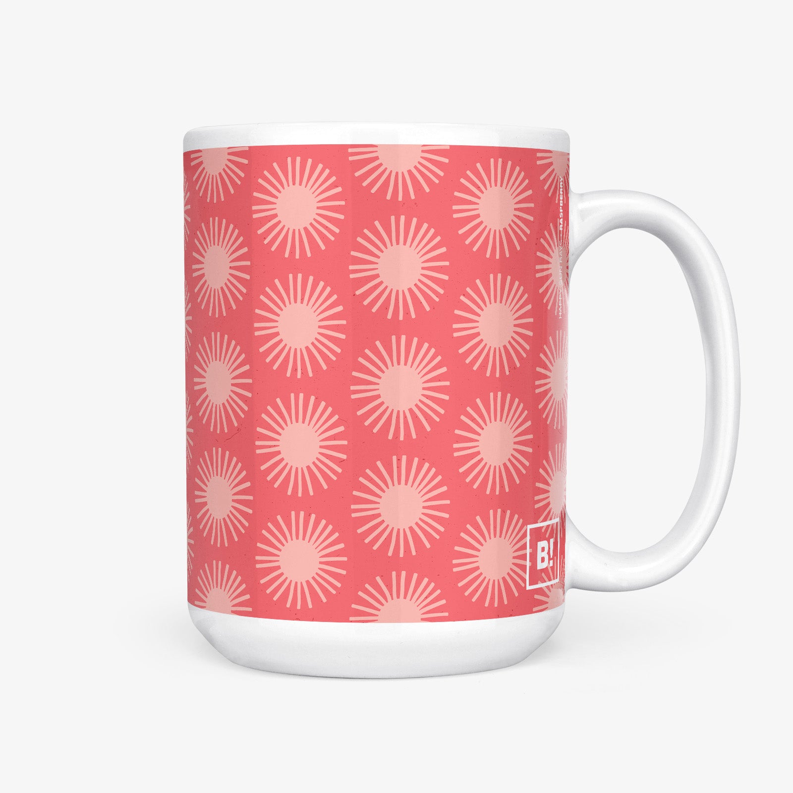 Be inspired by our delightful raspberry "Happy Sunrays" Coffee Mug. Featuring a 15oz size with the handle on the right.