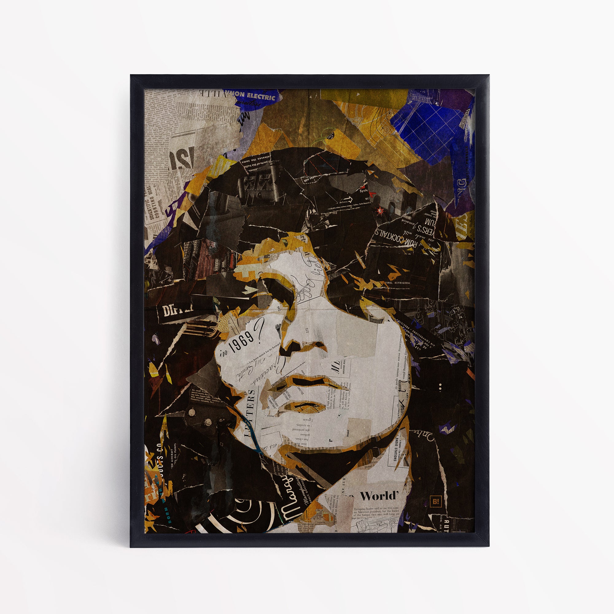 Be inspired by our iconic collage portrait art print of Jim Morrison. This artwork has been printed using the giclée process on archival acid-free paper and is presented in a sleek black frame, showcasing its timeless beauty in every detail.