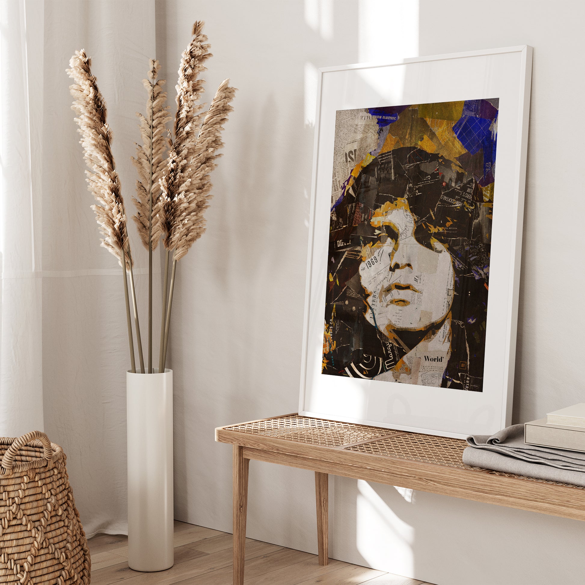 Be inspired by our iconic collage portrait art print of Jim Morrison. This artwork was printed using the giclée process on archival acid-free paper and is presented in a white frame with passe-partout, capturing its timeless beauty in every detail.