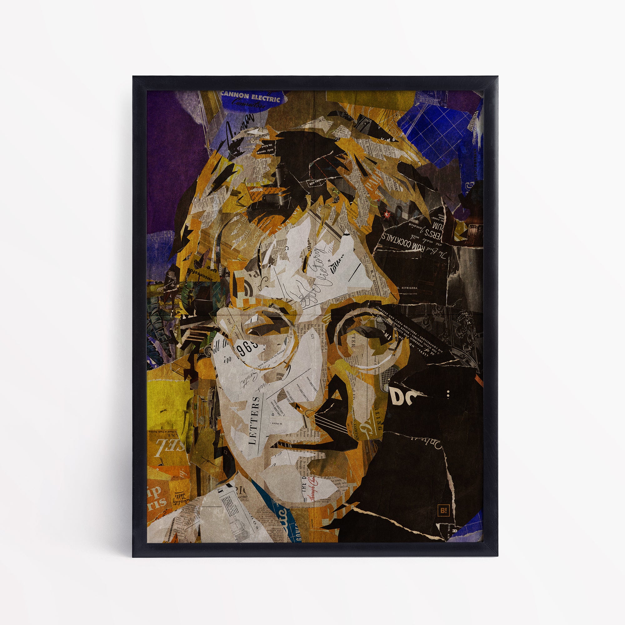 Be inspired by our iconic collage portrait art print of John Lennon. This artwork has been printed using the giclée process on archival acid-free paper and is presented in a sleek black frame, showcasing its timeless beauty in every detail.