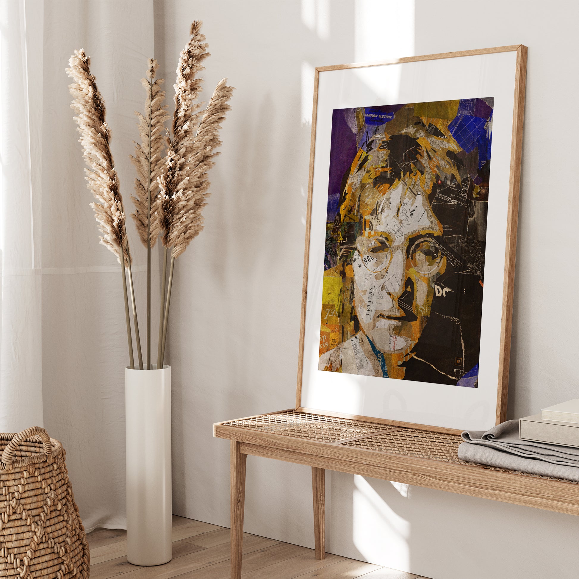 Be inspired by our iconic collage portrait art print of John Lennon. This artwork was printed using the giclée process on archival acid-free paper and is presented in an oak frame with passe-partout, capturing its timeless beauty in every detail.