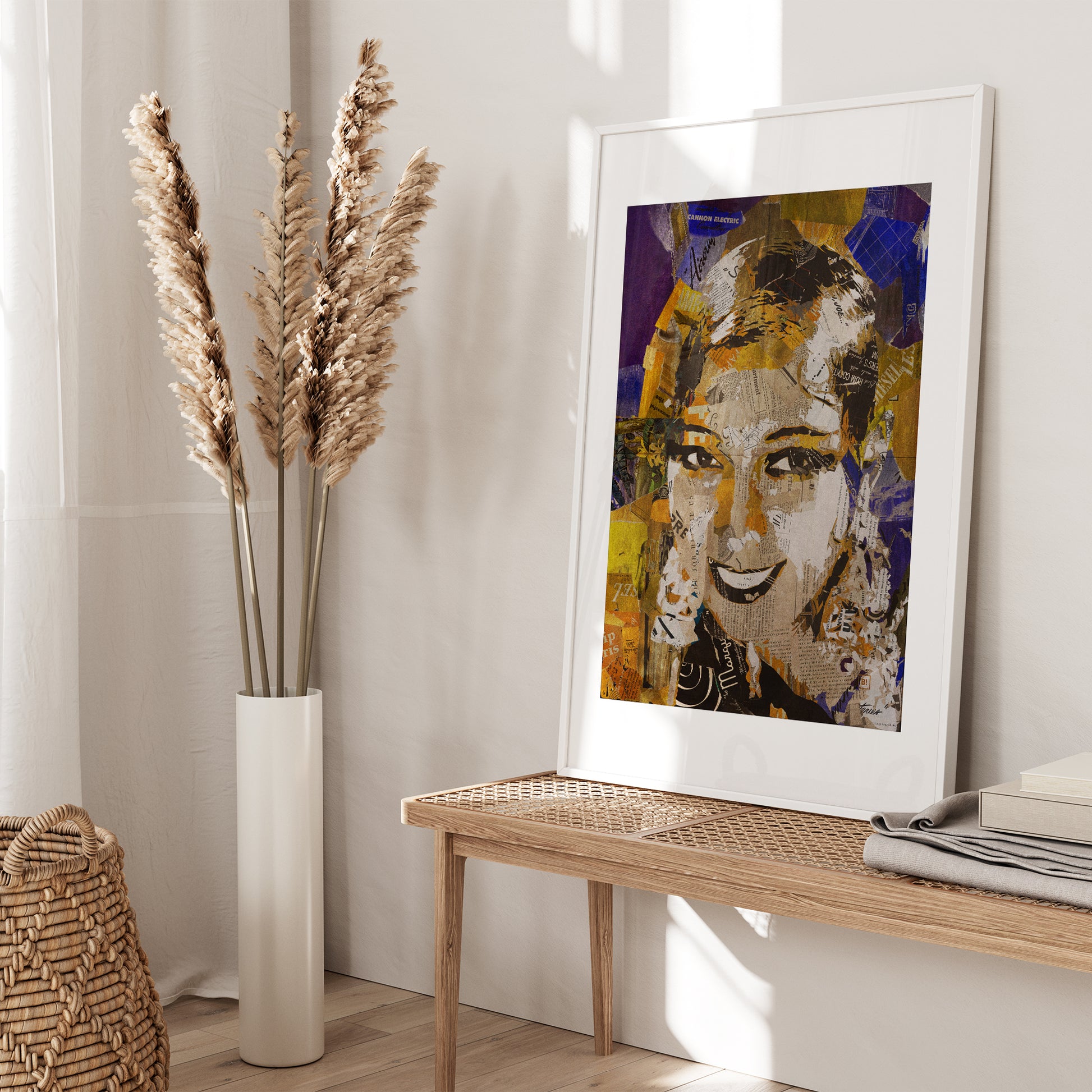 Be inspired by our iconic collage portrait art print of Josephine Baker. This artwork was printed using the giclée process on archival acid-free paper and is presented in a white frame with passe-partout, capturing its timeless beauty in every detail.
