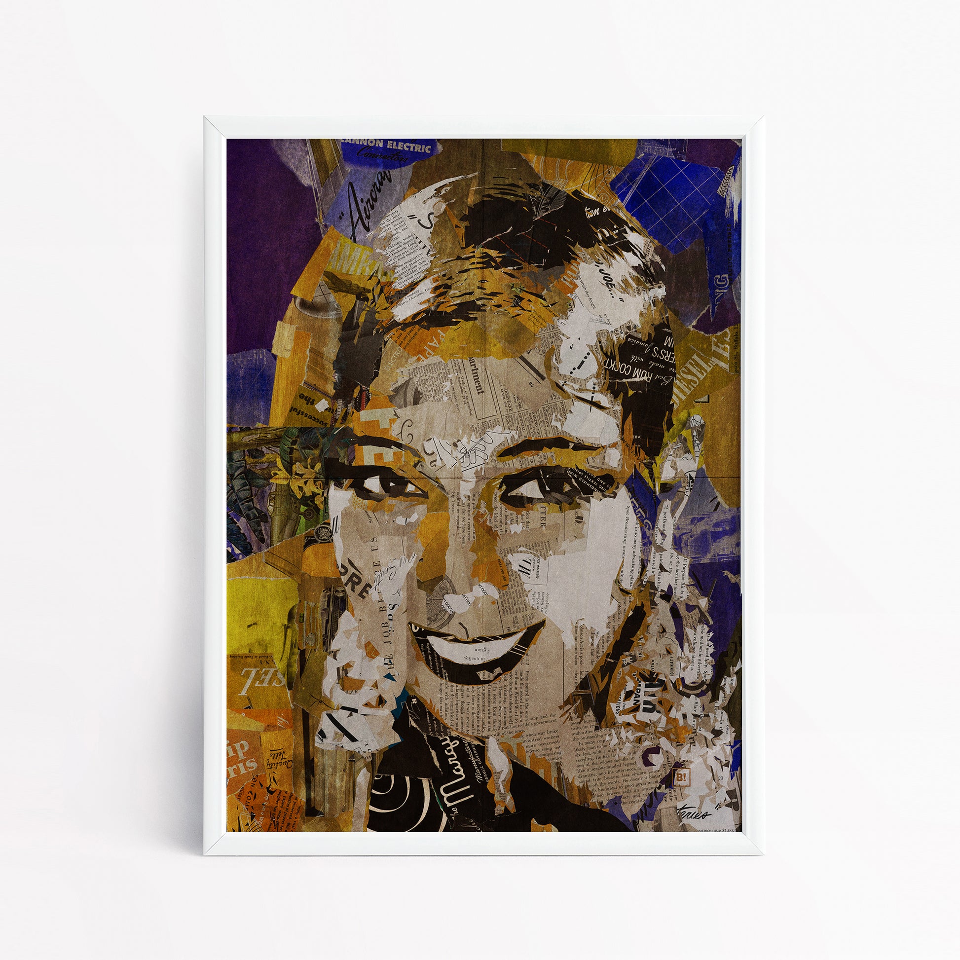 Be inspired by our iconic collage portrait art print of Josephine Baker. This artwork has been printed using the giclée process on archival acid-free paper and is presented in a sleek white frame, showcasing its timeless beauty in every detail.