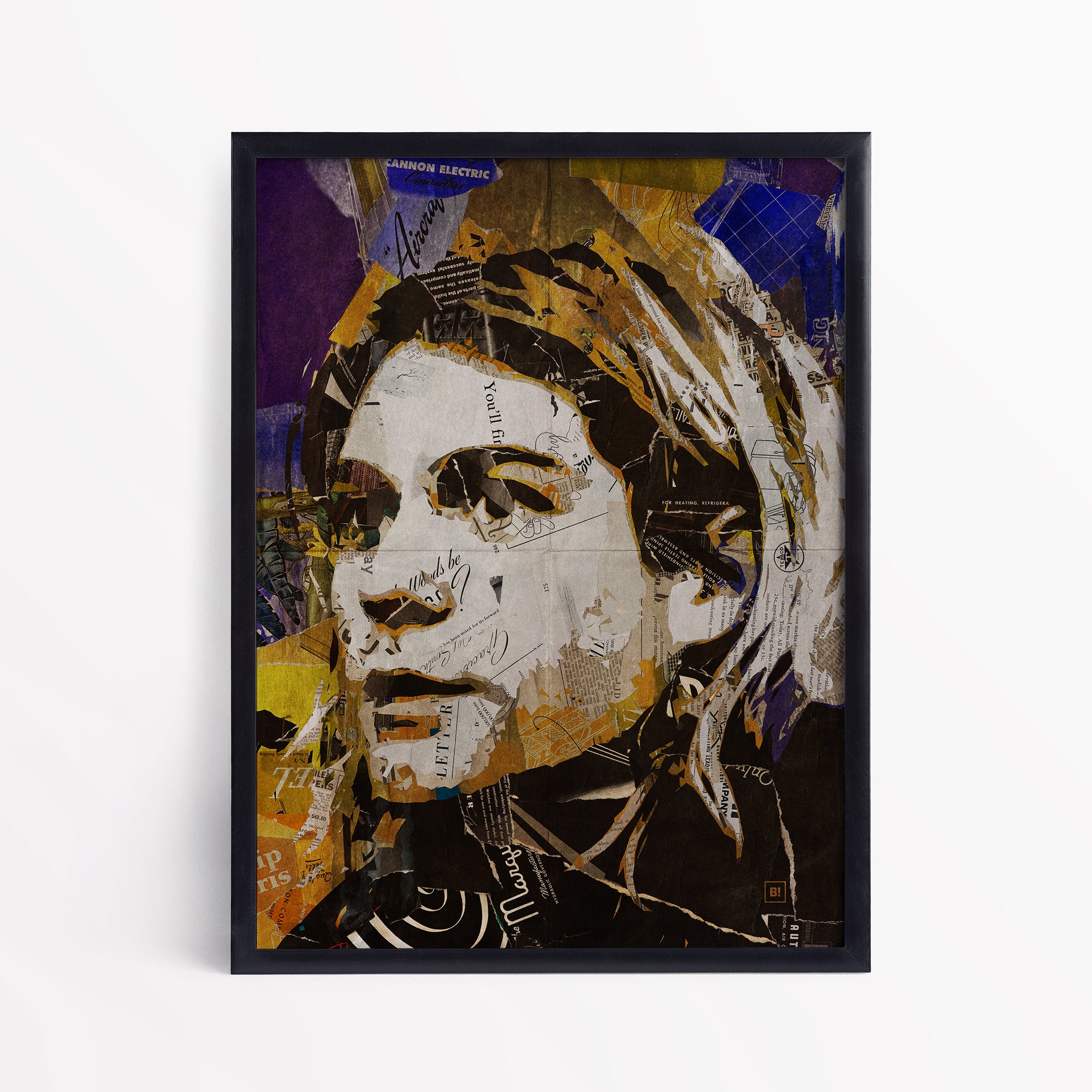 Be inspired by our iconic collage portrait art print of Kurt Cobain. This artwork has been printed using the giclée process on archival acid-free paper and is presented in a sleek black frame, showcasing its timeless beauty in every detail.