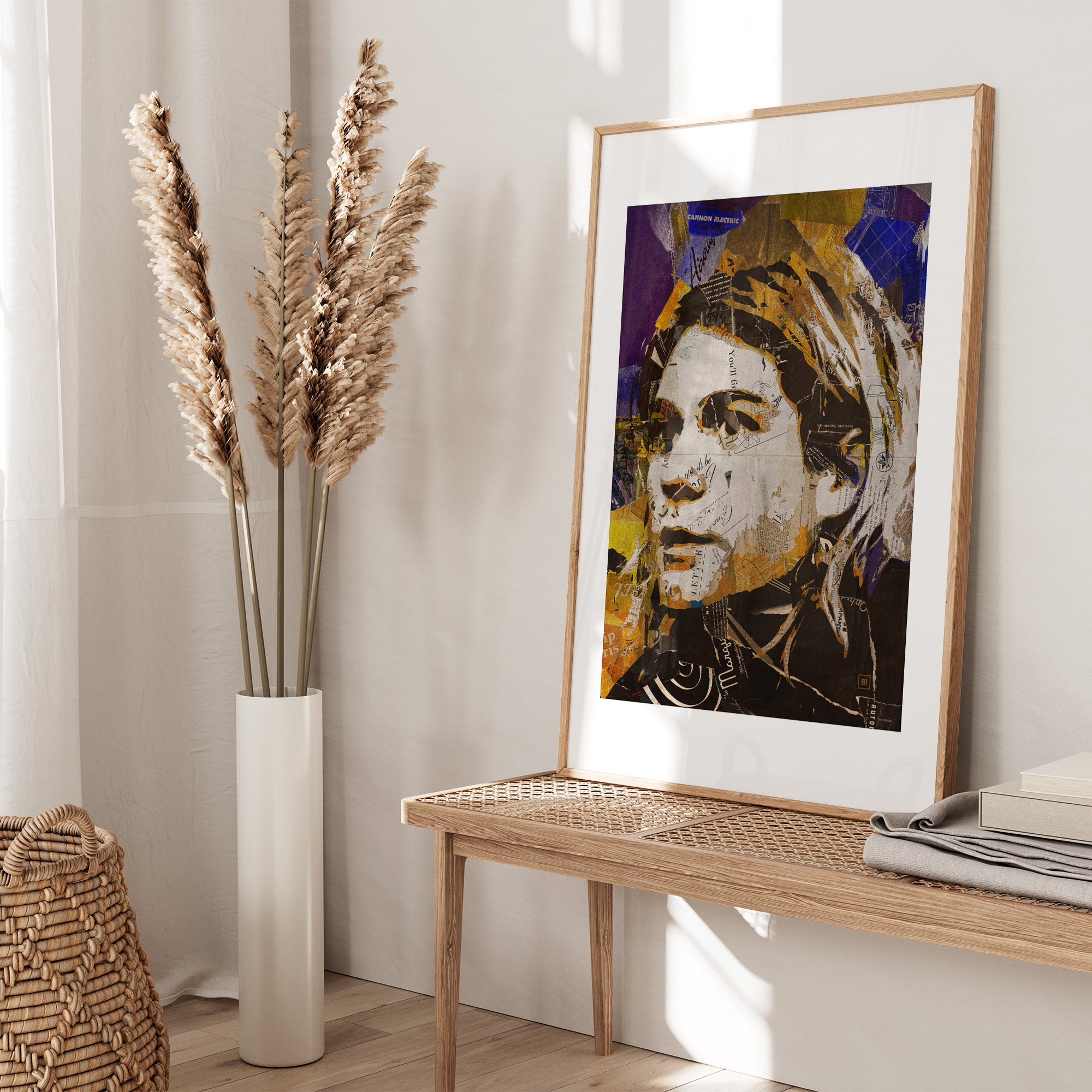 Be inspired by our iconic collage portrait art print of Kurt Cobain. This artwork was printed using the giclée process on archival acid-free paper and is presented in an oak frame with passe-partout, capturing its timeless beauty in every detail.