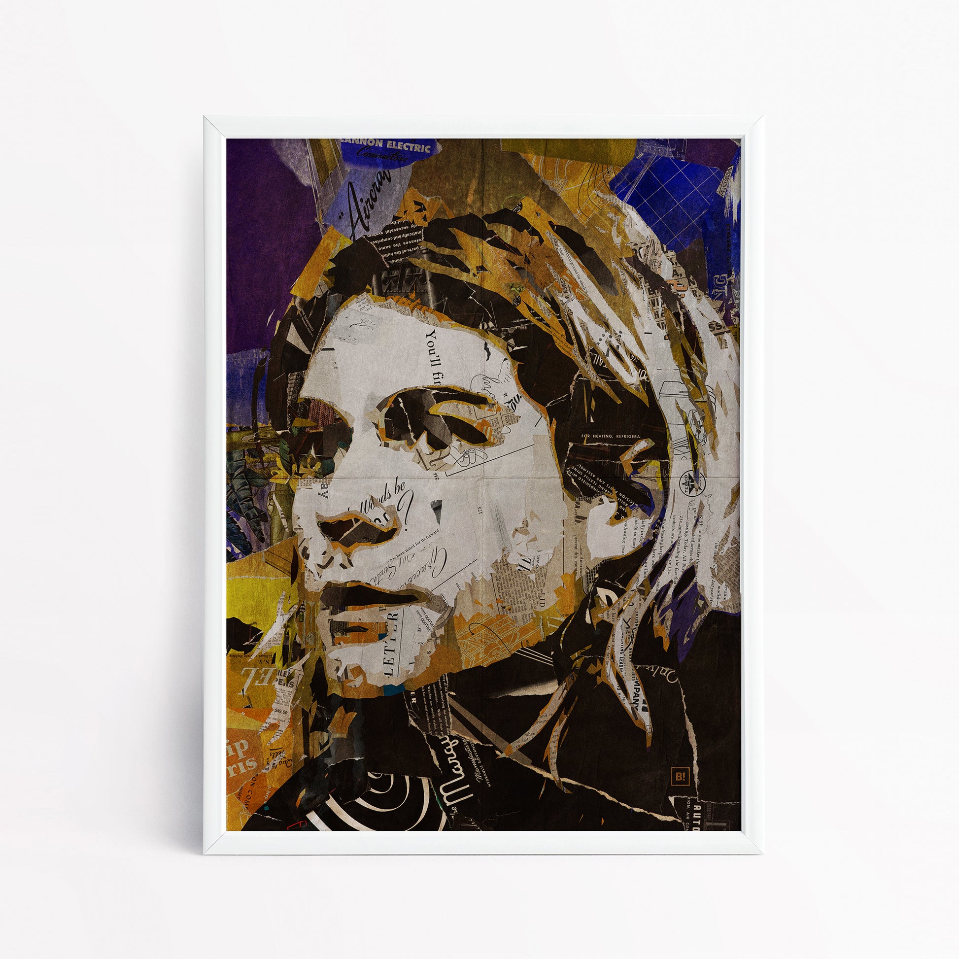 Be inspired by our iconic collage portrait art print of Kurt Cobain. This artwork has been printed using the giclée process on archival acid-free paper and is presented in a sleek white frame, showcasing its timeless beauty in every detail.