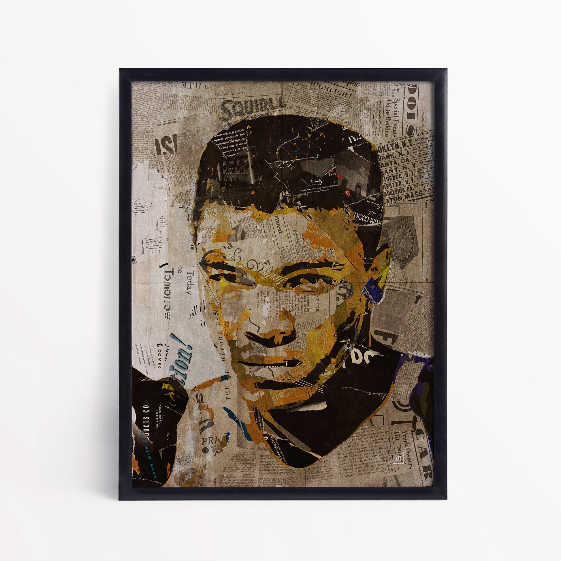 Be inspired by our iconic collage portrait art print of Muhammad Ali. This artwork has been printed using the giclée process on archival acid-free paper and is presented in a sleek black frame, showcasing its timeless beauty in every detail.