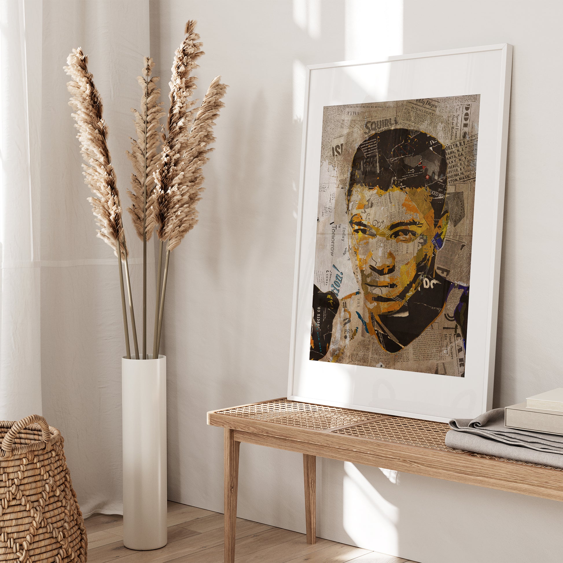 Be inspired by our iconic collage portrait art print of Muhammad Ali. This artwork was printed using the giclée process on archival acid-free paper and is presented in a white frame with passe-partout, capturing its timeless beauty in every detail.