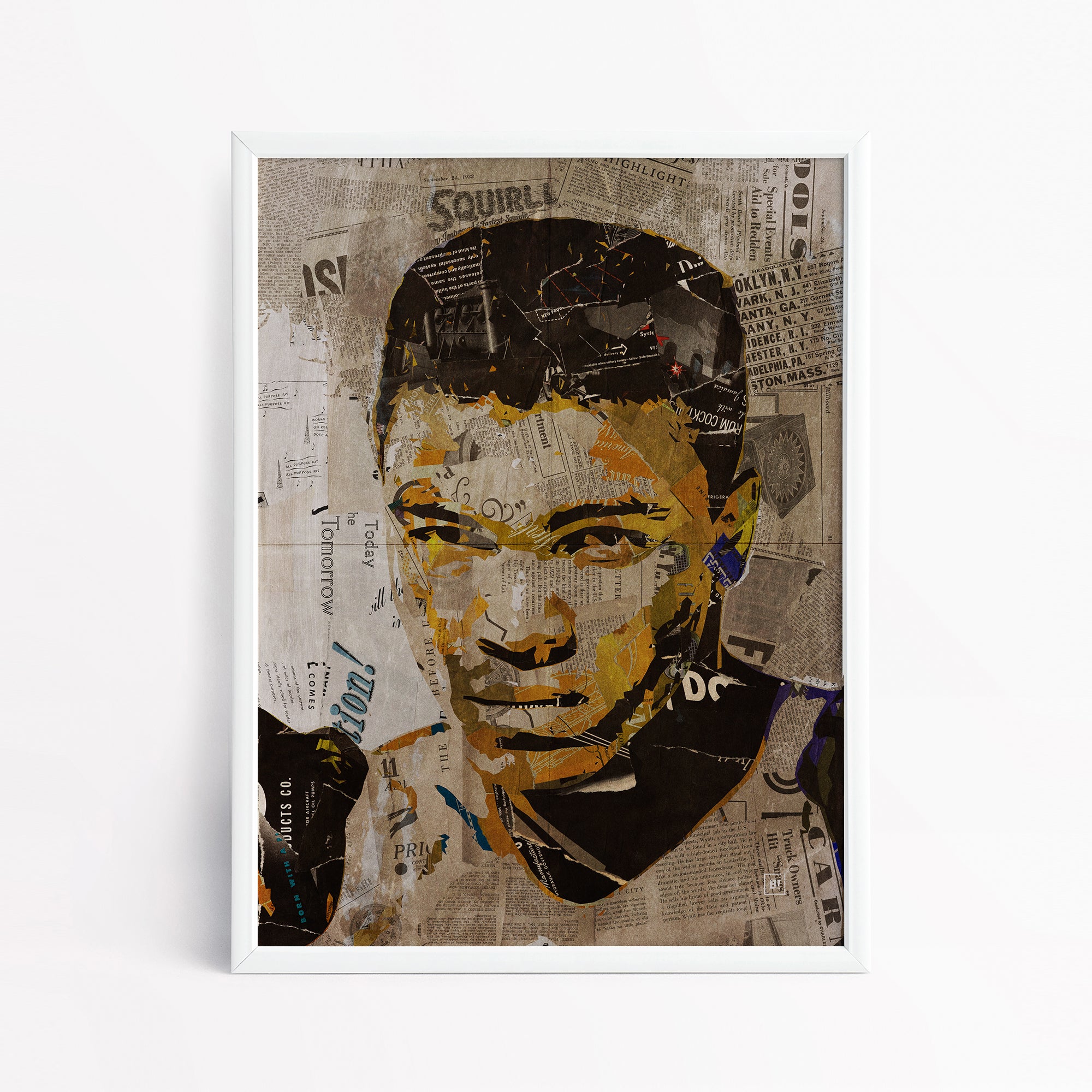 Be inspired by our iconic collage portrait art print of Muhammad Ali. This artwork has been printed using the giclée process on archival acid-free paper and is presented in a sleek white frame, showcasing its timeless beauty in every detail.