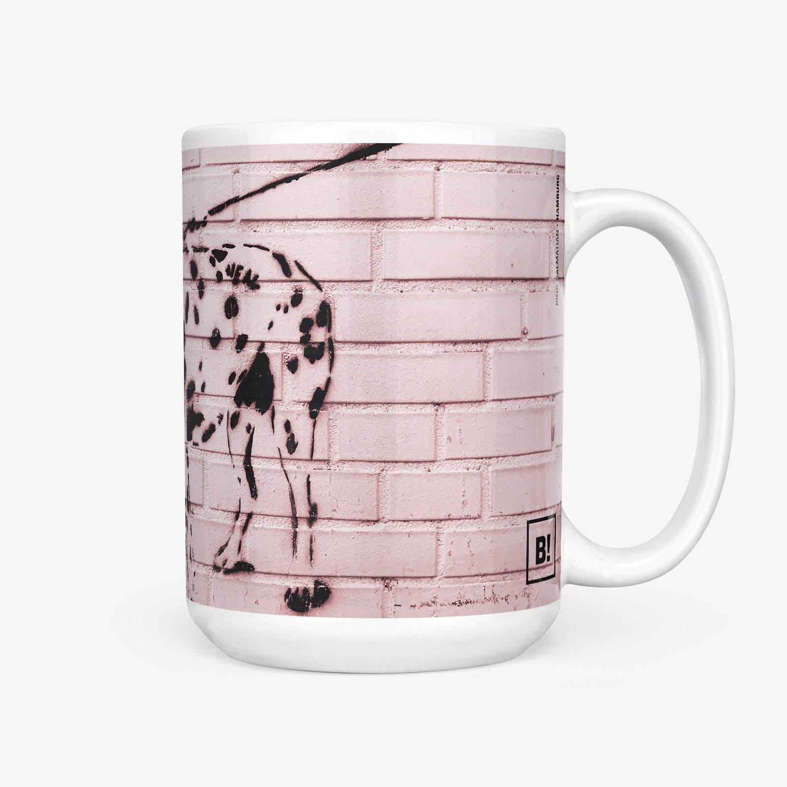 Be inspired by our Urban Art Coffee Mug "Pink Dalmatian" from Hamburg. This mug features an 15oz size with the handle on the right.