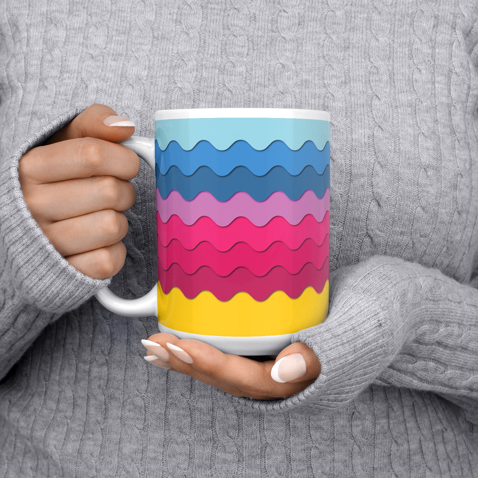 Be inspired by our "Retro Waves" Bonbon Coffee Mug. Featuring a 15oz size with the handle on the left.