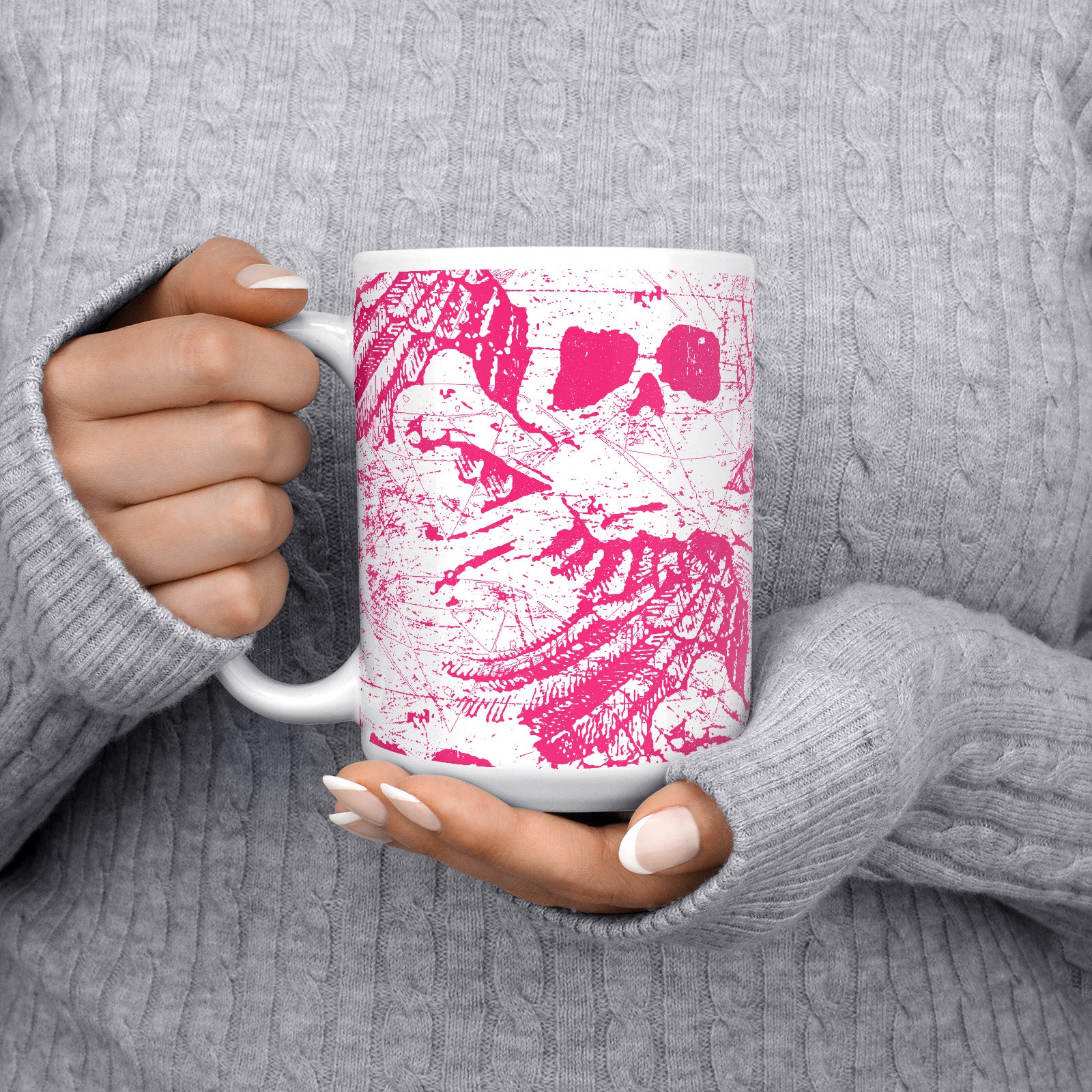 Be inspired by our "Skulls And Wings" Neon Red Coffee Mug. Featuring a 15oz size with the handle on the left.