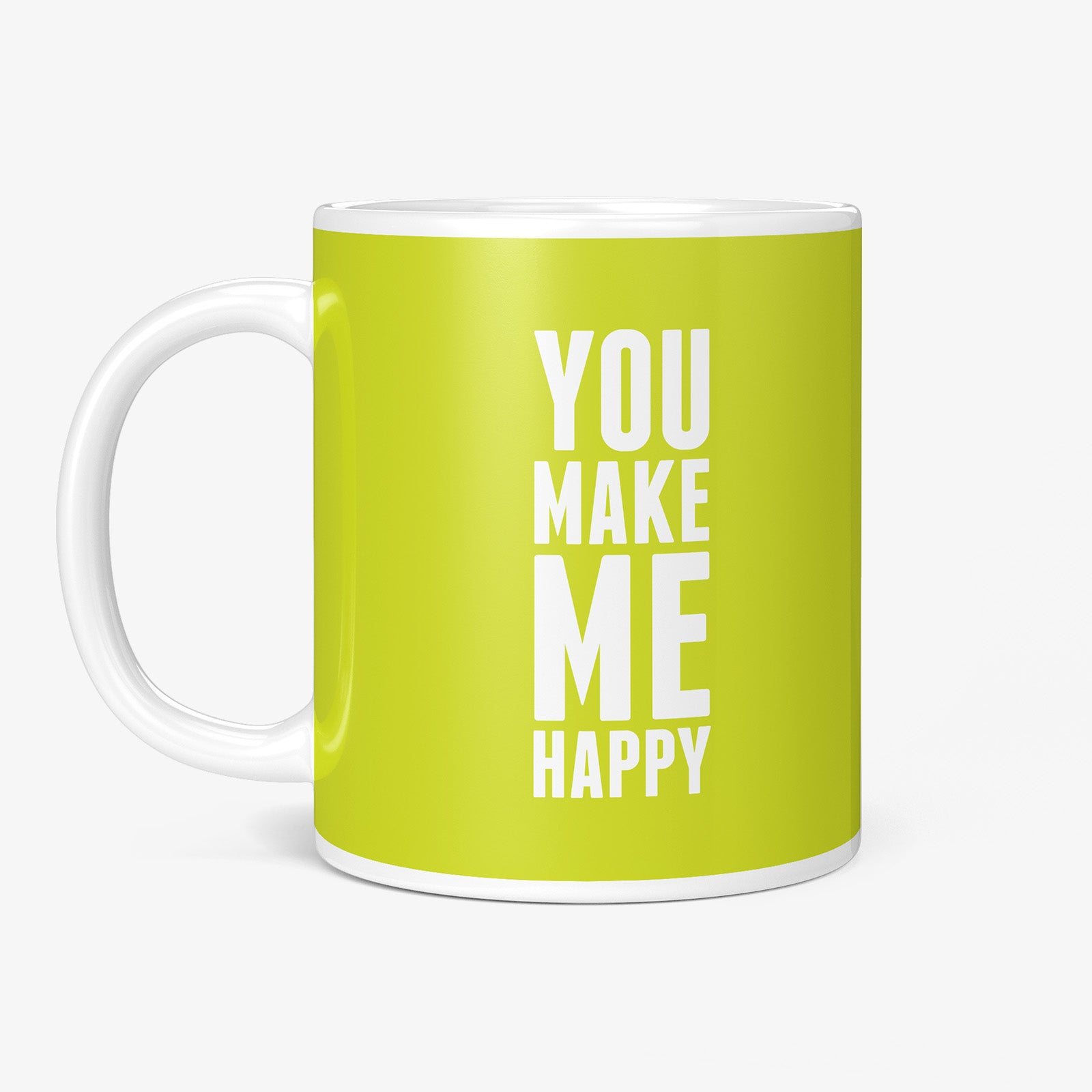 Be inspired by our "You Make Me Happy Coffee Mug" Limes Coffee Mug. Featuring a 11oz size with the handle on the left.