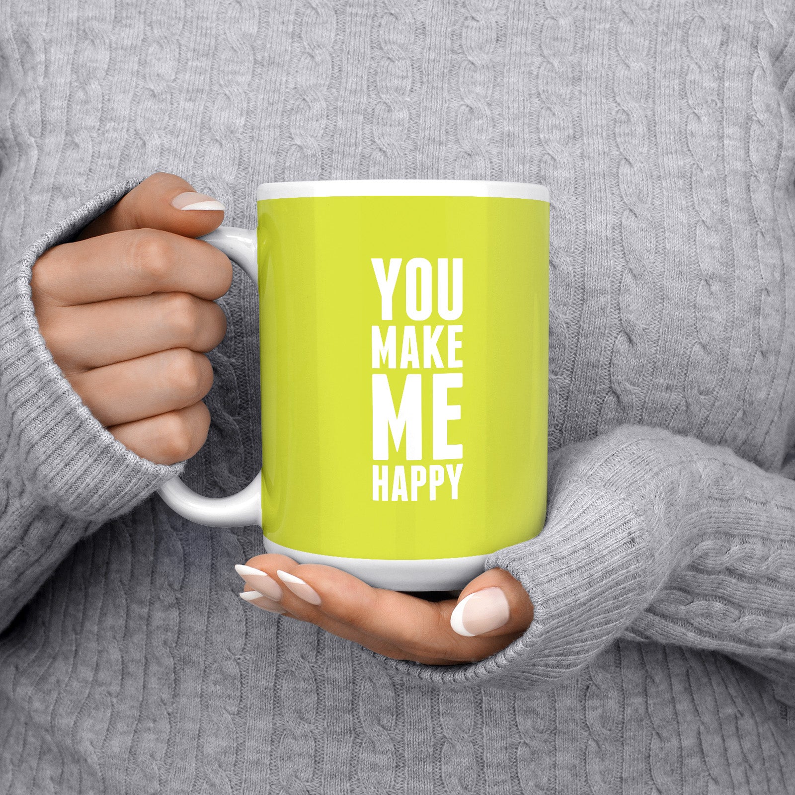 Be inspired by our "You Make Me Happy Coffee Mug" Limes Coffee Mug. Featuring a 15oz size with the handle on the left.