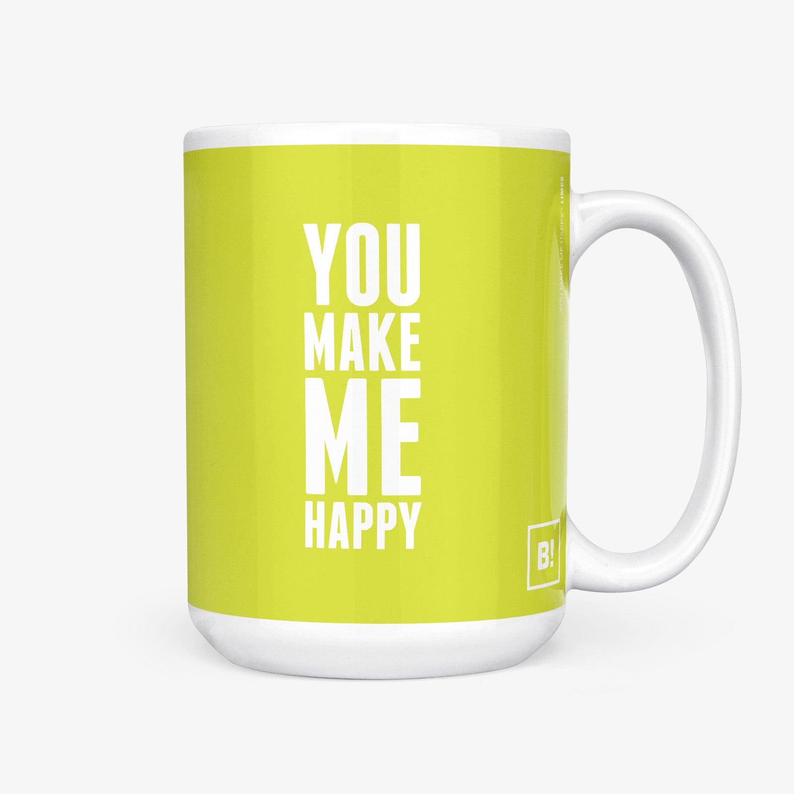 Be inspired by our "You Make Me Happy Coffee Mug" Limes Coffee Mug. Featuring a 15oz size with the handle on the right.